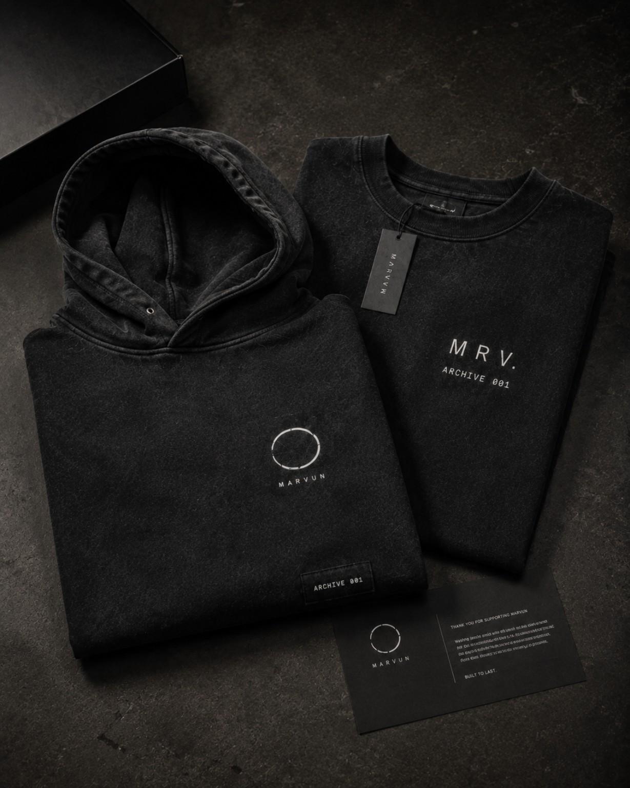 MARVUN heavyweight T-shirt and hoodie flat lay